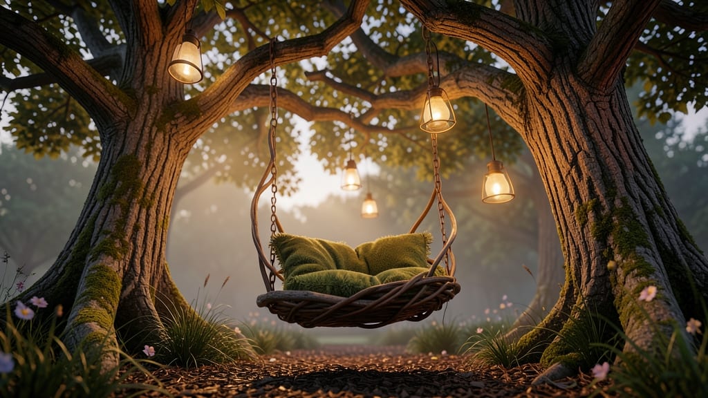 Fairy Treehouse with a Swing and Lanterns