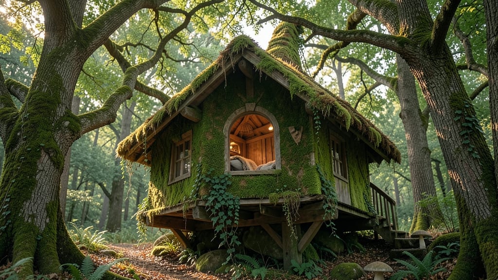 Moss-Covered Treehouse with Mushroom Steps